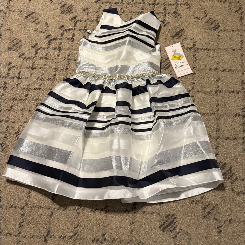 Rare Editions Navy and Silver Striped Kids Dress